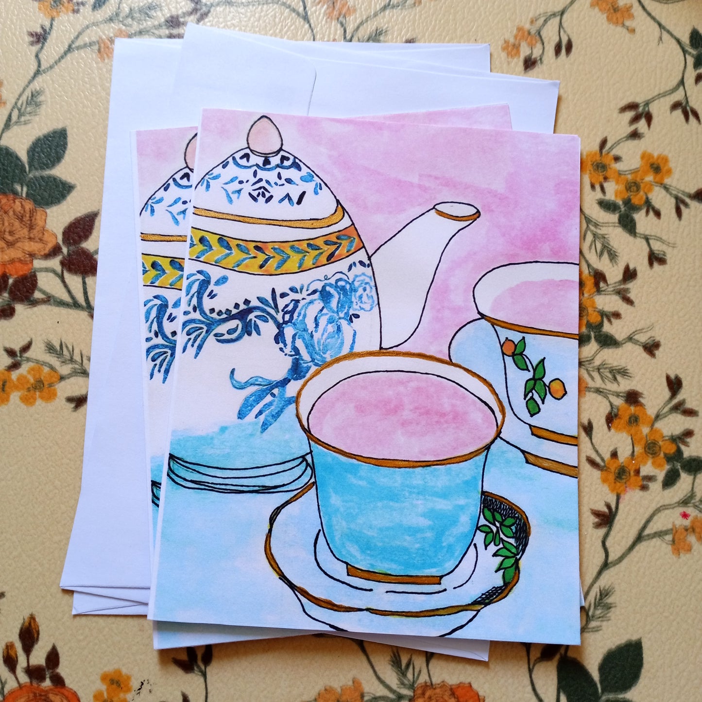 Tea Time Gouache Hand Painted Print Blank Card