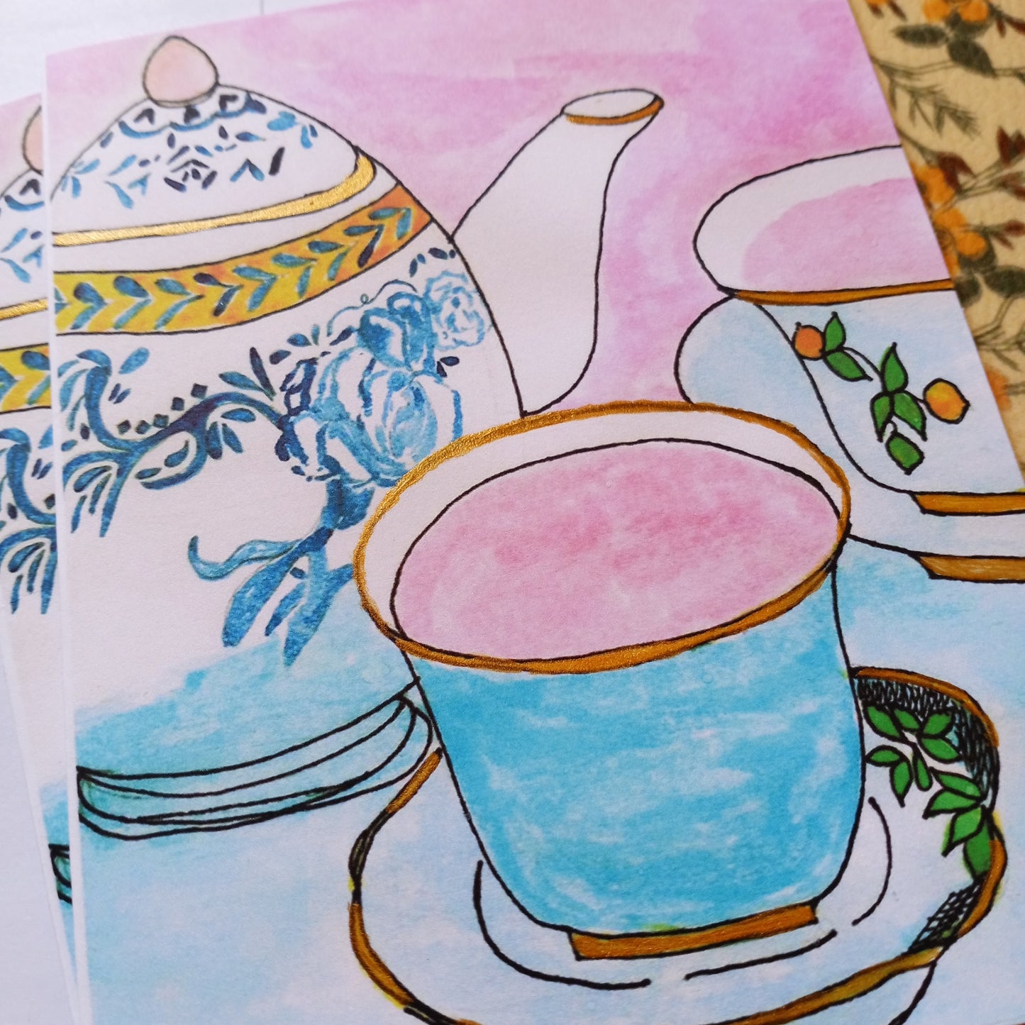 Tea Time Gouache Hand Painted Print Blank Card