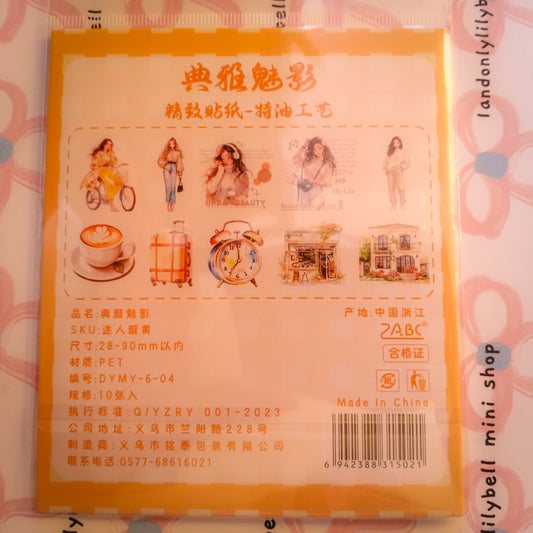 (Yellow) ZABC Clear Journal Stickers - 10 PCS Vibrant Color Themes with Lady Illustrations & Activity Designs