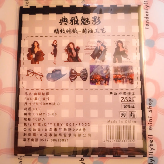 (Black) ZABC Clear Journal Stickers - 10 PCS Vibrant Color Themes with Lady Illustrations & Activity Designs