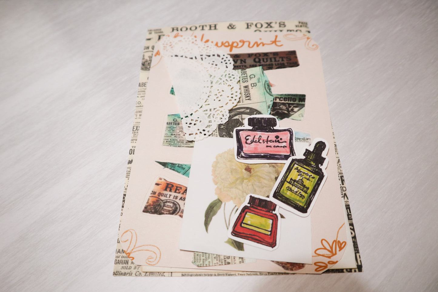 Vintage Junk Journal Ephemera Pack – Stamped Stickers, Original Scans, and Antique Book Pages